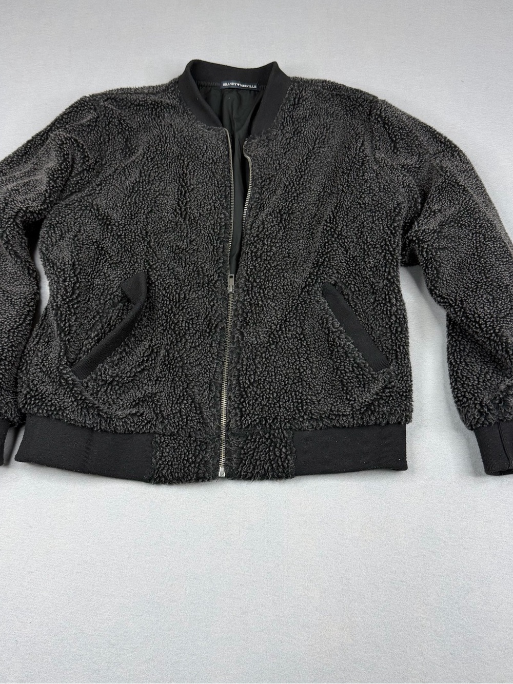 Brandy Melville Sherpa Teddy Fleece Bomber Jacket Black One Size Cropped Zip